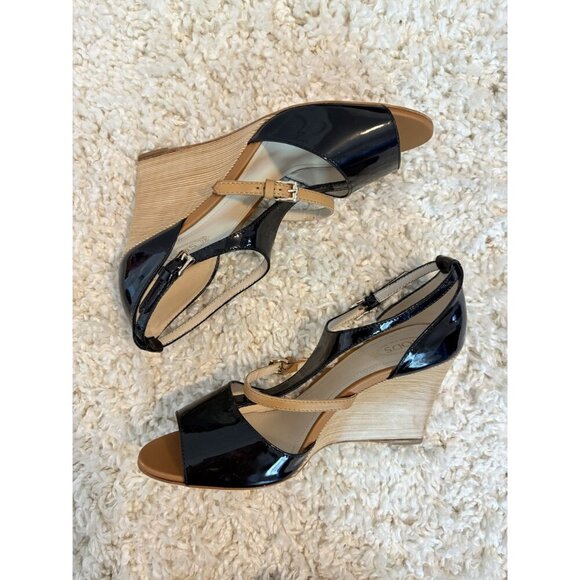 Tods Two Tone Patent Leather Wedge Heels 39 NWOB New Black Tan - Picture 4 of 6